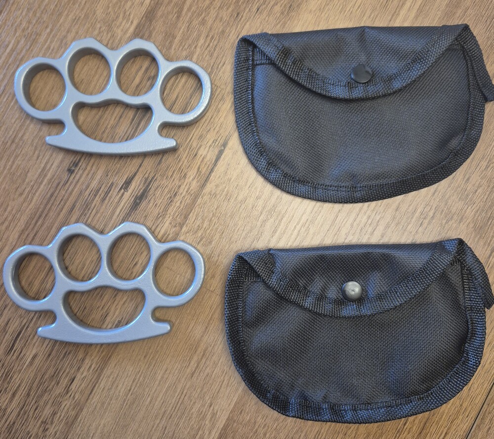 Sleek Silver Self-Defense Knuckle Set with Pouches